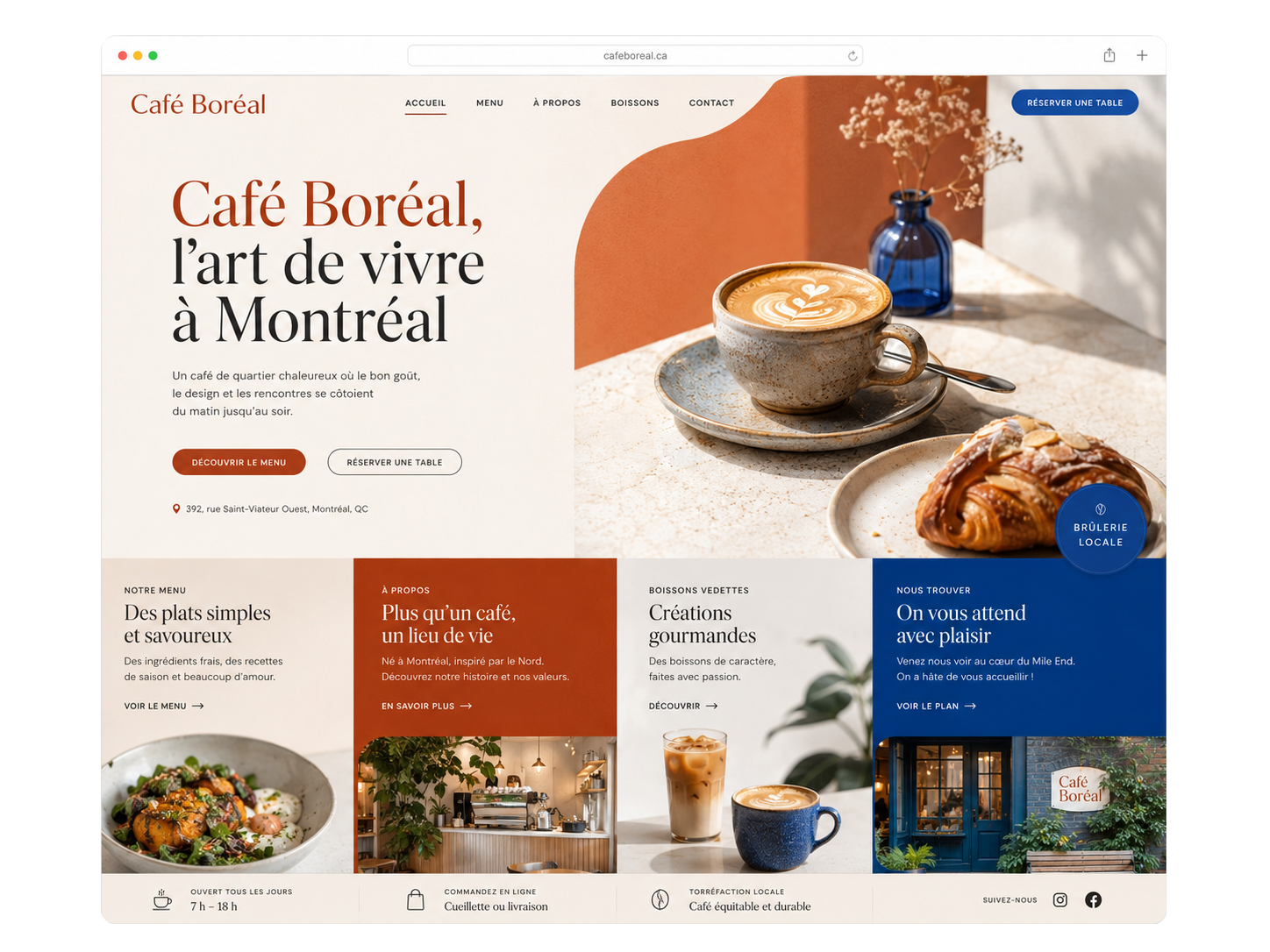 Aperçu d'un site web professionnel pour un café montréalais